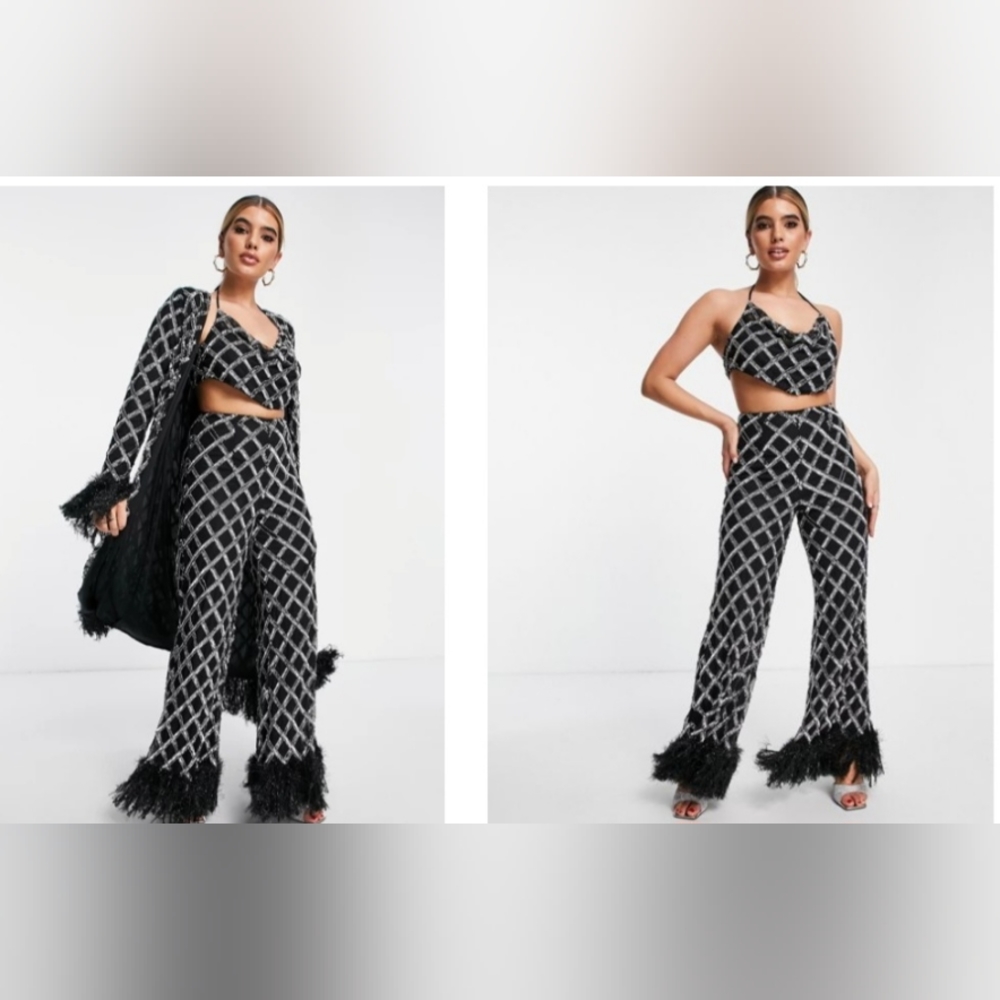 Asos Luxe Embellished 3 piece outfit pants size 10, halter size 12, coat size 12